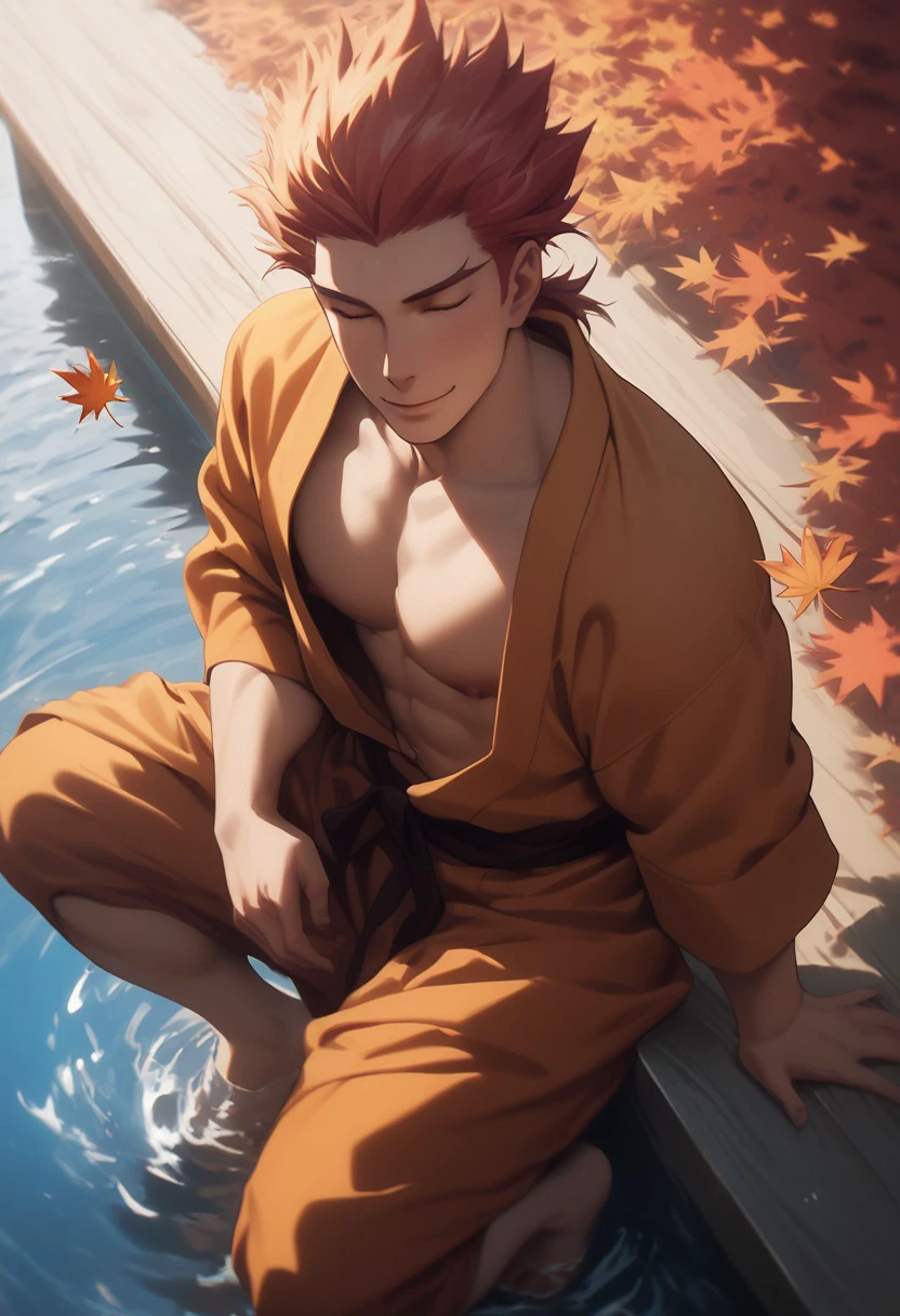 score_9, score_8_up, score_7_up, source_anime, rating_explicit, autumn leaves, Gineath, 1boy, male focus, plump pecs, closed eyes, smiling, orange yukata, Japanese male clothing, realistic lighting, sitting, barefoot, water, autumn theme, from above,