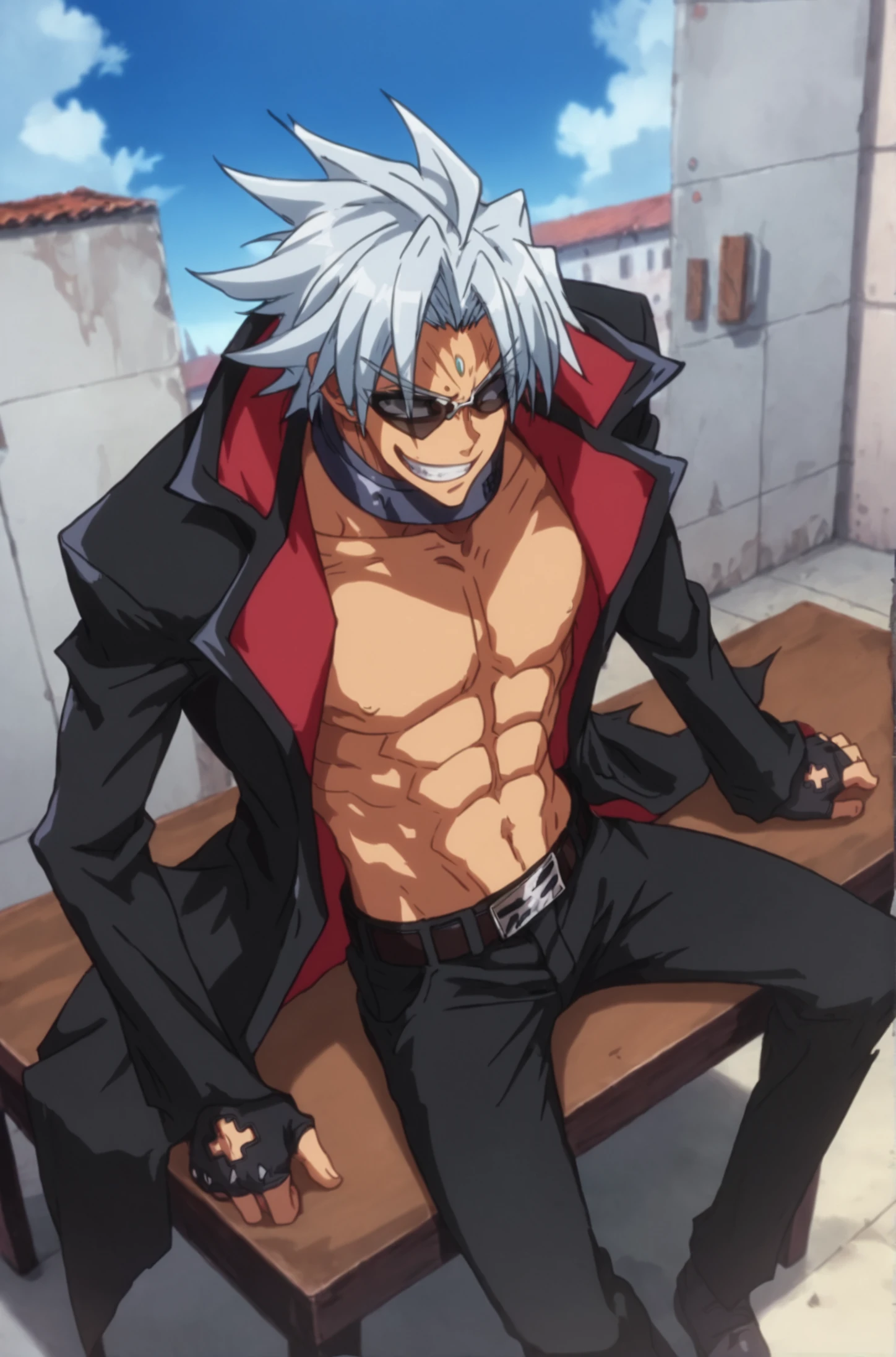 masterpiece, adam blade_140, 1boy, black jacked, glasses, pants, sun, incoming fist, chair, muscle, open mouth, smile, white hair, sun glasses, choker, <lora:adam blade 140:0.7>
