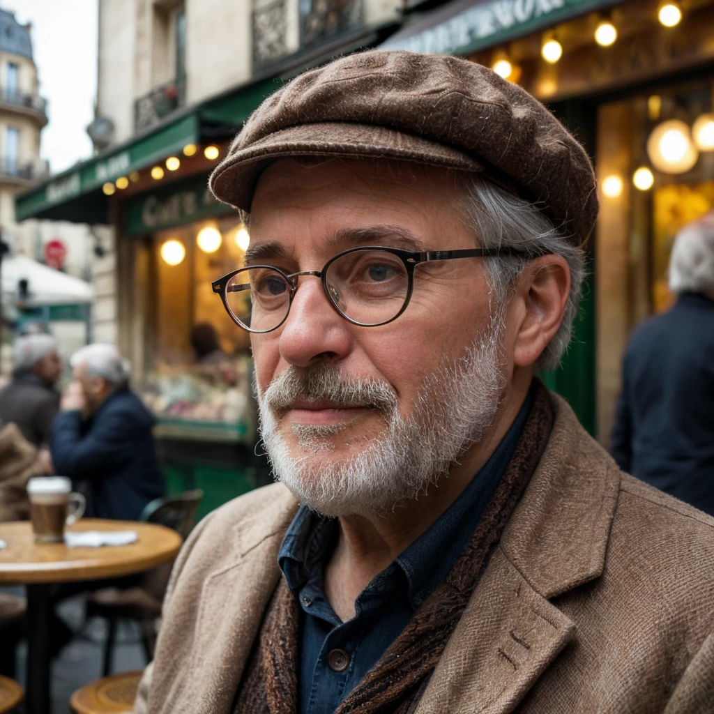 An extreme close-up of an gray-haired man with a beard in his 60s, he is deep in thought pondering the history of the universe as he sits at a cafe in Paris, his eyes focus on people offscreen as they walk as he sits mostly motionless, he is dressed in a wool coat suit coat with a button-down shirt , he wears a brown beret and glasses and has a very professorial appearance, and the end he offers a subtle closed-mouth smile as if he found the answer to the mystery of life, the lighting is very cinematic with the golden light and the Parisian streets and city in the background, depth of field, cinematic 35mm film.