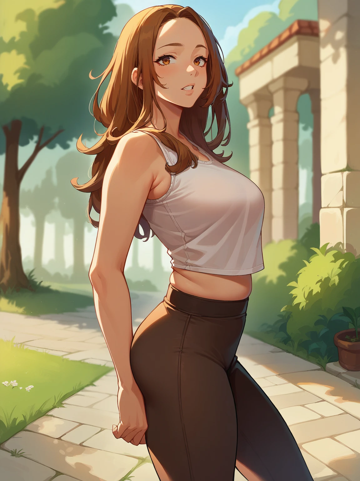 luciewilde <lora:luciewilde-pony:1>, <lora:dofus-PN:1> dofus, source_cartoon, score_9, score_8_up, score_7_up,  1girl, solo, long hair, brown hair, brown Jersey top and yoga pants