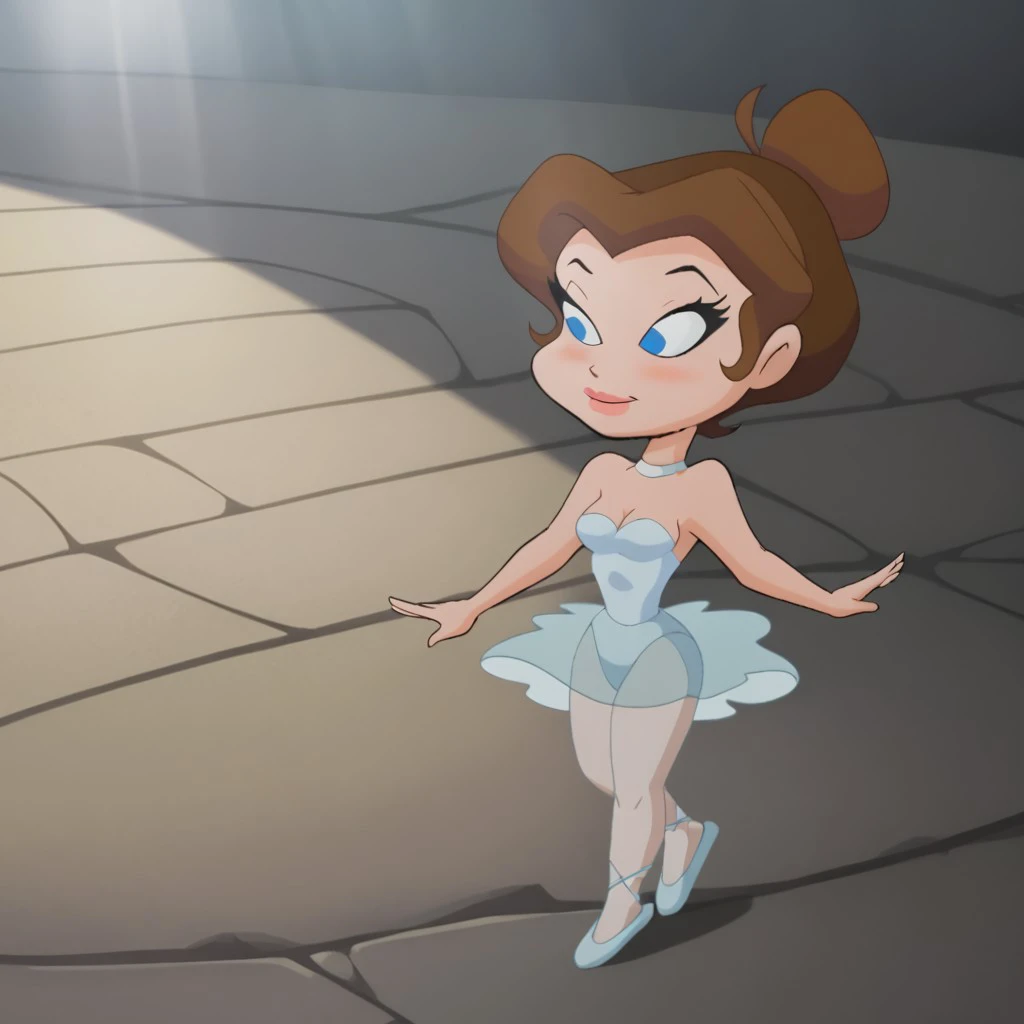 score_9, score_8, score_9, BREAK, solo, LPB, brown hair, hair bun, blue eyes, leotard, ballet slippers, outdoors, sunlight, natural lighting