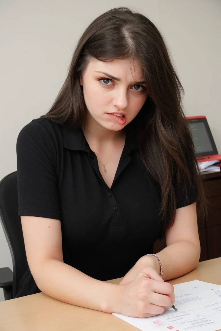 woman at a desk taking a driver's exam test, BREAK confused, lip bite
<lora:lipbite_v2:1.0>