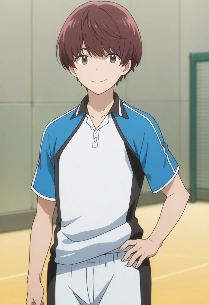 score_9, score_8_up, score_7_up, source_anime, highly detailed, 
itsuki, 1boy, solo, male focus, brown hair, shorts, upper body, brown eyes, sportswear,
standing, hand on hip, smile, short sleeves, looking at viewer, short hair, tennis uniform, white shirt, blue shirt, raglan sleeves,