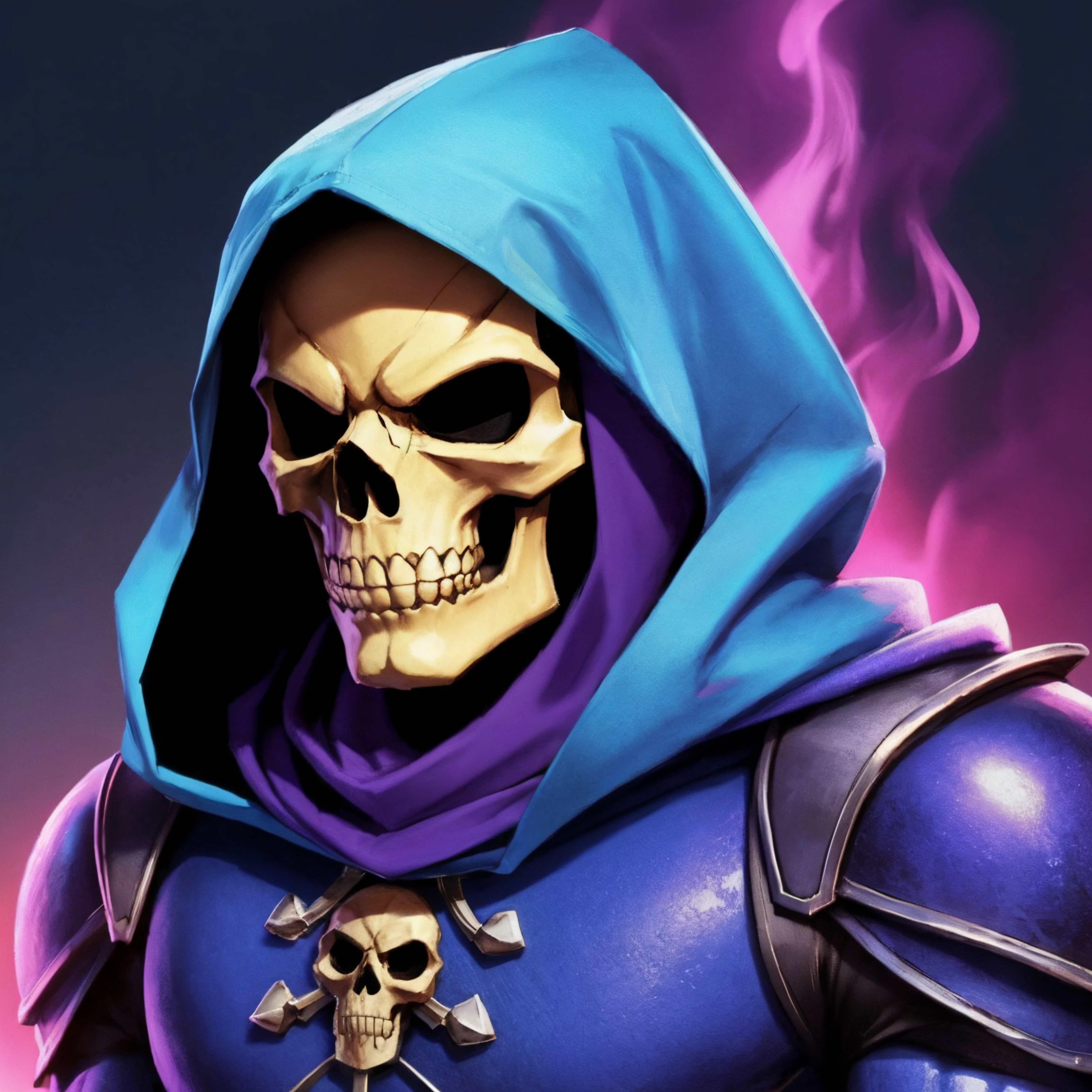 1male, and, blue, character, hood, skeletor, skull, <lora:Skeletor:0.3>