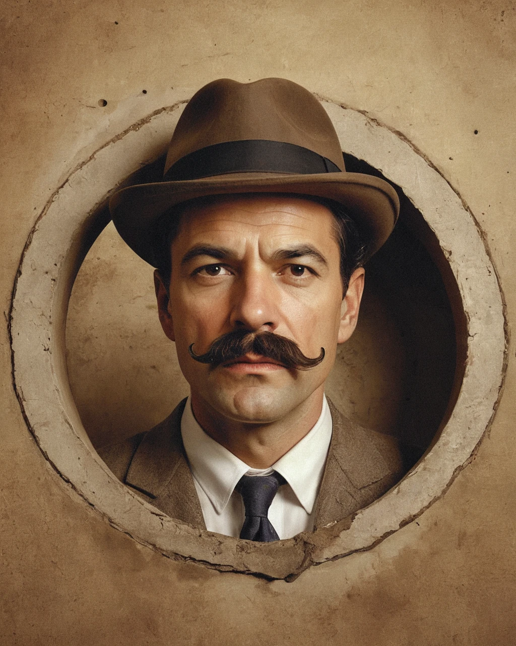 a serious detective male with epic moustaches looking from a circular hole in the wall with fedora hat, vintage, 1920, hyperdetailed, realism, gritty textures, humorous, funny.
