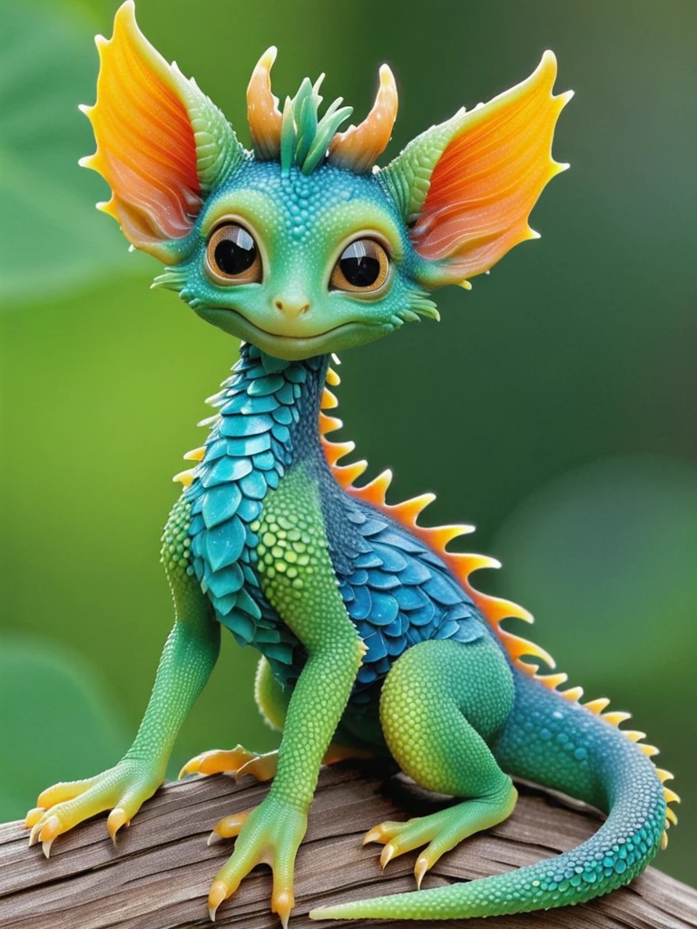 Produce a visually striking, masterpiece of wildlife portrait_futurism of a hybrid creature, combining the vibrant, intricate scales of a colorful Dragon Fire, Blue scales with the endearing features of a cute chibi aye-aye. The hybrid creature's skin boasts a kaleidoscope of rich, iridescent hues, ranging from deep emerald greens to shimmering sapphire blues, creating a mesmerizing display of color and texture. Its eyes, large and expressive like those of an aye-aye, exude a sense of innocence and curiosity, framed by long, fluffy lashes that add a touch of whimsy to the creature's appearance. The creature's slender fingers, tipped with delicate claws, exhibit a surprising dexterity and grace, while its tail, adorned with intricate patterns reminiscent of exotic reptilian scales, coils elegantly around its body. The vivid contrast between the lizard's reptilian features and the aye-aye's endearing characteristics results in a captivating, one-of-a-kind creature that effortlessly blends beauty and charm.