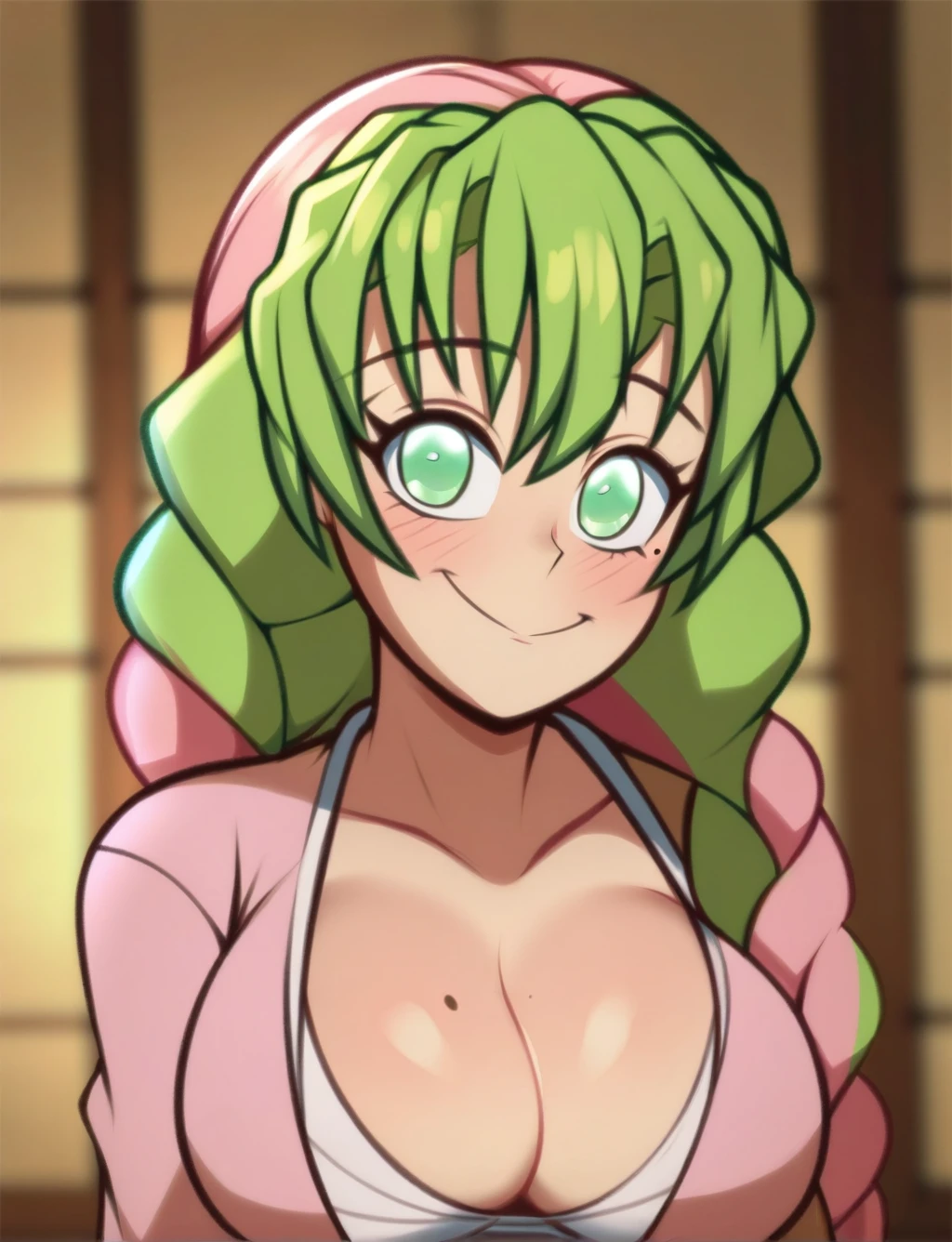 score_8_up. score_7_up,<lora:semidraws:1>,
 score_9, source_anime, semidraws, 1girl,solo,long hair,breasts,looking at viewer,blush,smile,bangs,cleavage,closed mouth,green eyes,pink hair,braid,multicolored hair,green hair,mole,blurry,mole under eye,blurry background,portrait,meme,kanroji mitsuri