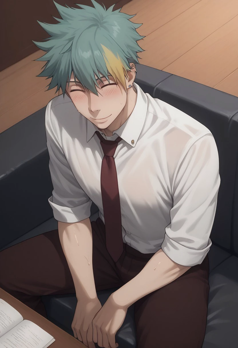 score_9, score_8_up, score_7_up, source_anime, rating_explicit, Claveath, 1boy, male focus, collared white shirt, buttons, red necktie, dark brown pants, smile, sitting-leaning, on black couch, sweating, blushing, piercings, hands with five fingers, wet clothes, indoors, plant, from above, looking at viewer,