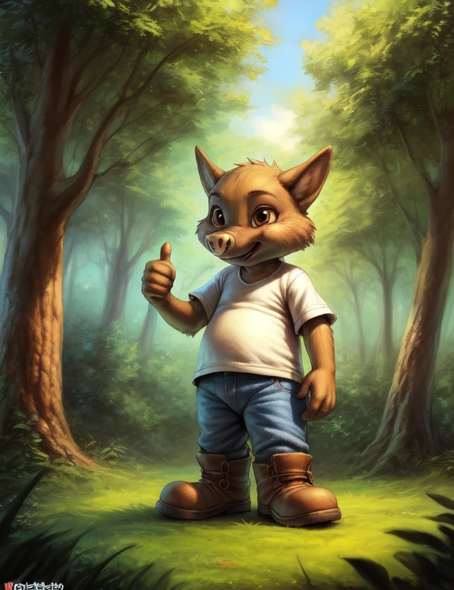 <lora:AchilleFoFriN:1> AchilleFoFriN, boar ,  blue jeans, white shirt, boots, (thumbs up)
Male, Detailed multicolored skin, ( solo), [day, forest, trees, meadows, grass, clouds,] 
(beautiful, aesthetic, perfect, delicate, intricate), masterpiece, digital drawing, best quality, AS-YoungerV2:0.6, AS-YoungestV2:0.5,
[by kenket|by totesfleisch8], by thebigslick:by silverfox5213:0.8], [by syuro, by paloma-paloma::0.2, (Tricksta, TotesFleisch8)