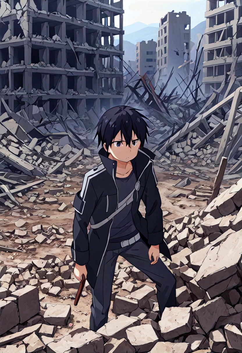 high resolution, solo, best quality, 1Boy, Kazuto Kirigaya, Black Hair, Black Eyes, War zone, rubble, survival, despair,