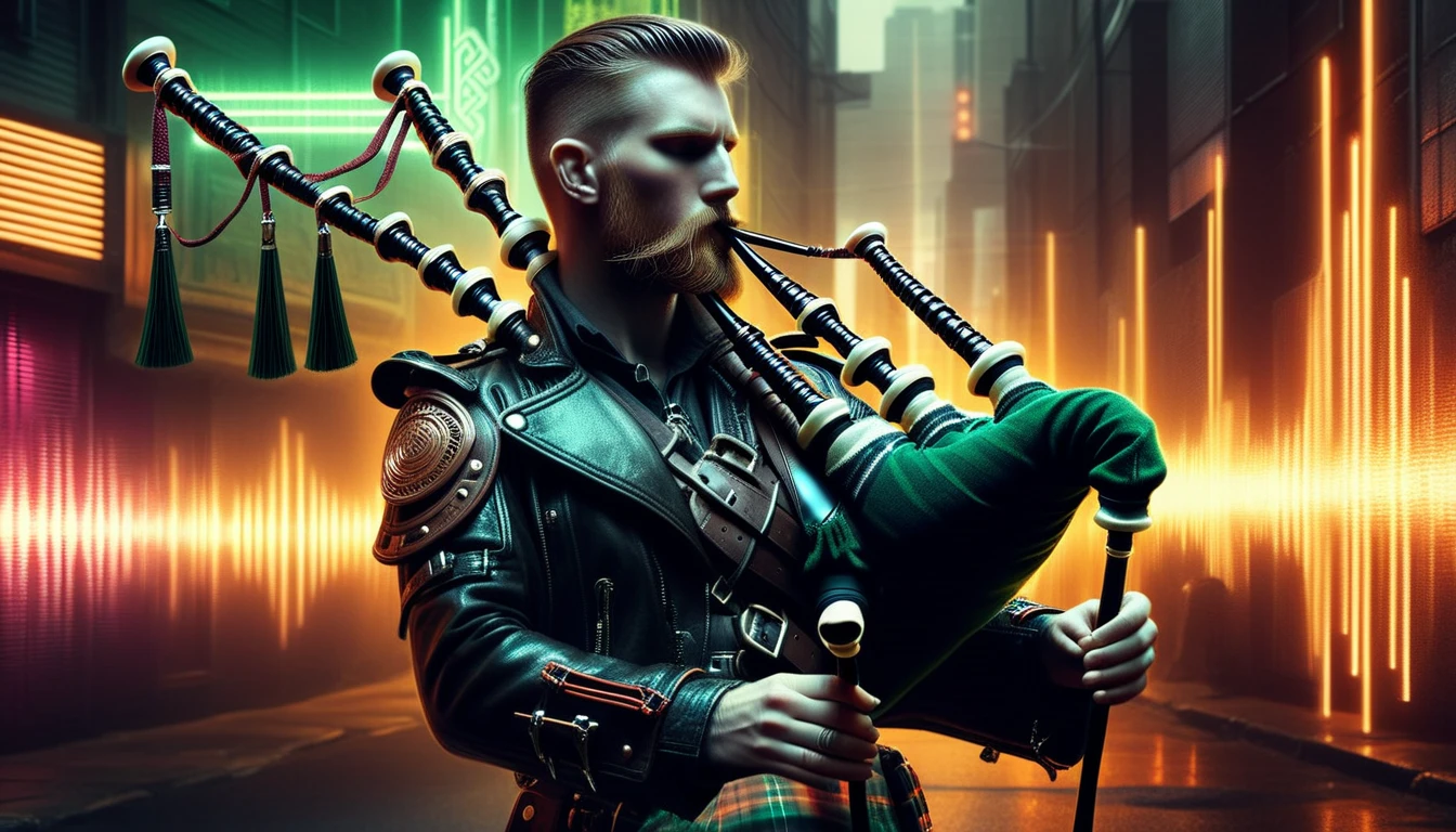 a bagpipe player wearing a leather jack in gritty cyberpunk world, neon, soundwaves, cool, realistic, Celtic, music, album cover, abf_cover <lora:ABF_AlbumCover_2:1.1>, realistic,  <lora:add-detail-xl:1>