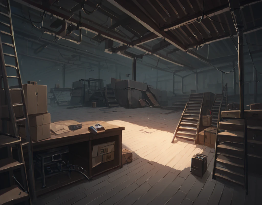 score_9, score_8_up, score_7_up, score_6_up, score_5_up, score_4_up,  <lora:Basement_BG:1> Basement,  indoors, shadow, scenery, scenery, desk, wooden floor, stairs, wide shot, cardboard box, dark, ruins, industrial pipe, general,