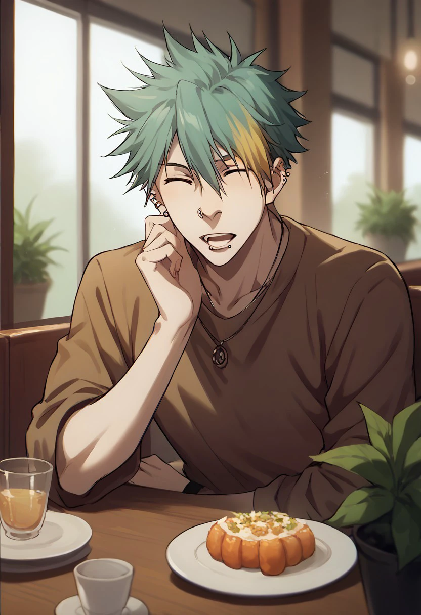 score_9, score_8_up, score_7_up, source_anime, rating_safe, table, Claveath, 1boy, male focus, open mouth, ear piercing, nose piercing, lip piercing, barbell piercing, eyebrow piercing, necklace, indoor blurry restaurant, window, plant, hands with five fingers