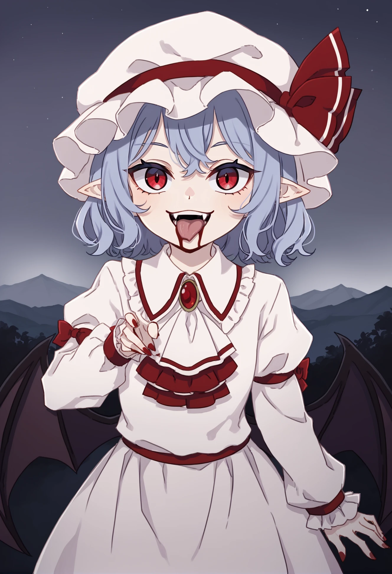 by ushiyama ame, by kame \(kamepan44231\),  masterpiece, best quality,
1girl, remilia scarlet, ascot, bat wings, collared shirt, fangs, pointy ears,  frills, [blue|gray] hair, jewelry, mob cap, puffy sleeves, cowboy shot, licking blood, vampire, evil smile,
outdoors, night landscape
 <lora:4th_tail_extr_0.4.5_lyco_xl:1>