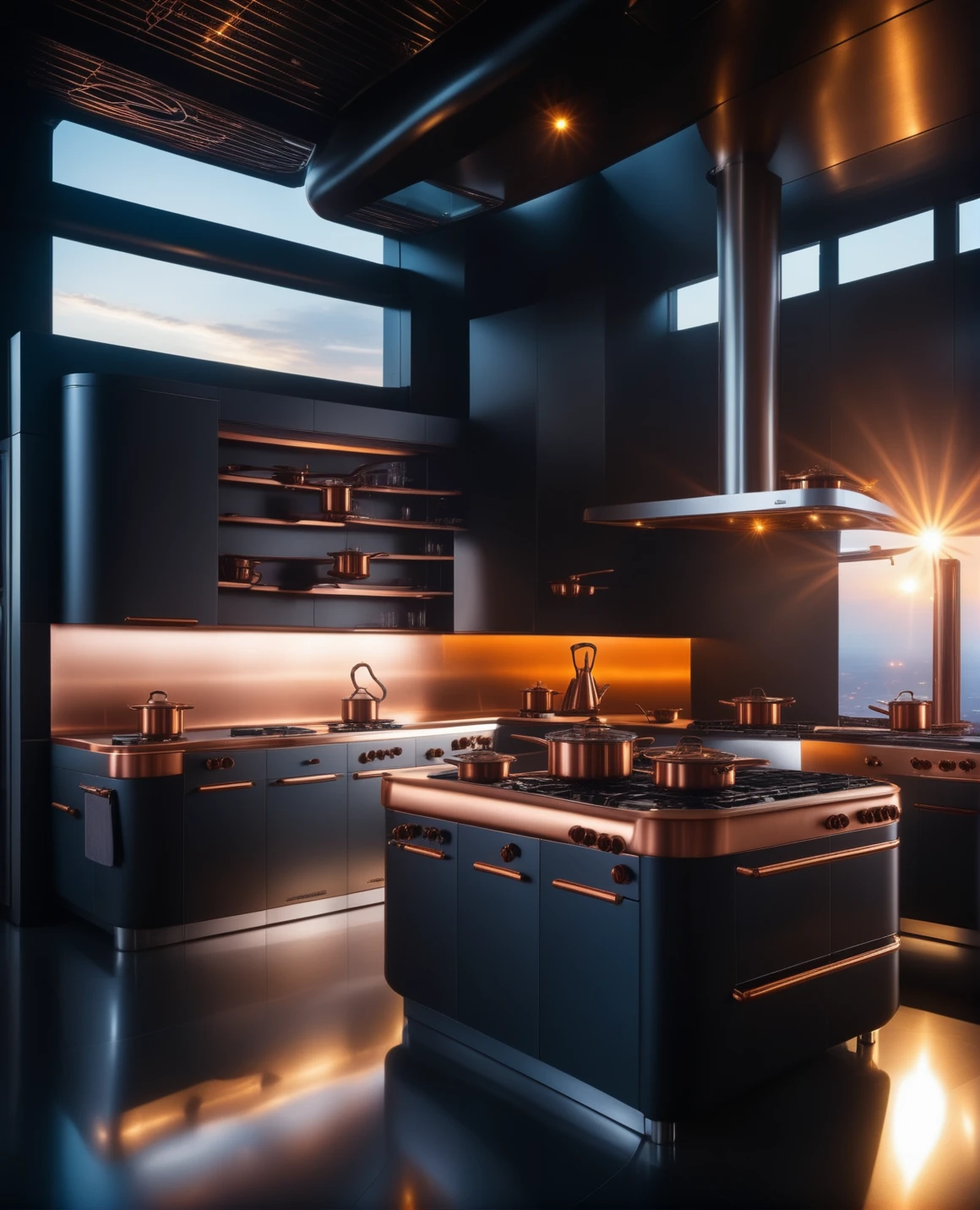 masterpiece, high quality, a reij-ebsu kitchen, retro sci fi steampunk sunrise  <lora:ebony sunset-000001:0.9>