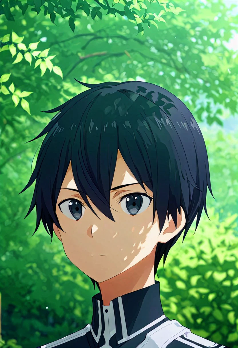 high resolution, solo, best quality, 1Boy, Kazuto Kirigaya, Black Hair, Black Eyes, portraits, proud, outdoor, Half Body, Depth Of Field,