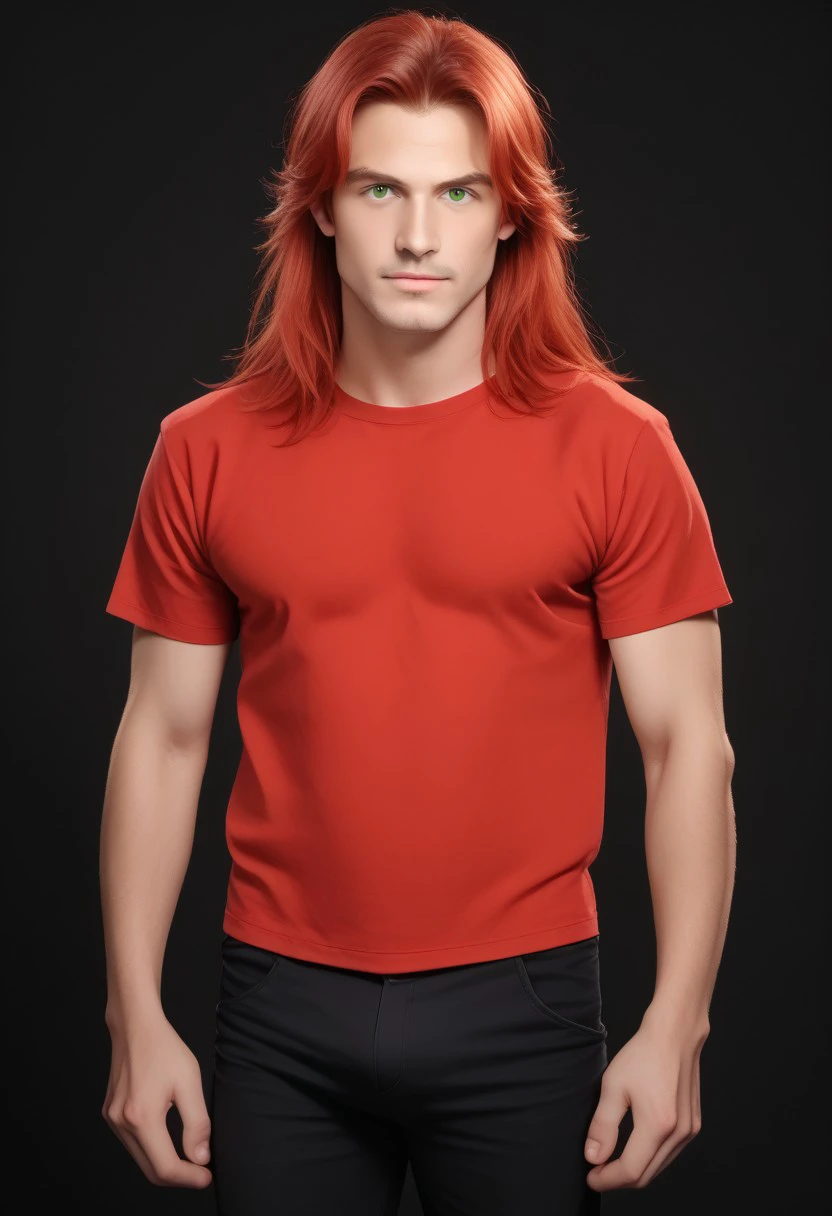 solo,  long hair,  looking at viewer,  simple background,  red hair,  shirt,  1boy,  green eyes,  male focus,  pants,  black background,  red shirt, ,    ,realistic BREAK  PonyXLV6_Scores