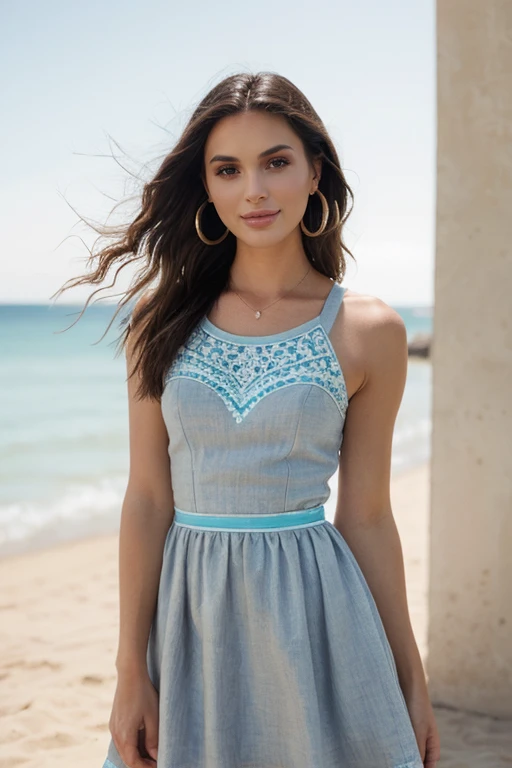 Turquoise fit and flare dress, linen, paired with tan sandals and hoop earrings a breathtaking analog photo of  <lora:SarahAlkhoury_V1:1>, long light brown hair with highlights:1.3, 4k, RAW photo, best quality, 50mm, depth of field, ultra high res:1.1), shot on ALXEA 65, (intricate, photorealistic, cinematic-shot, masterpiece, ultra-detailed:1.1)  <lora:add-detail-xl:0.8>