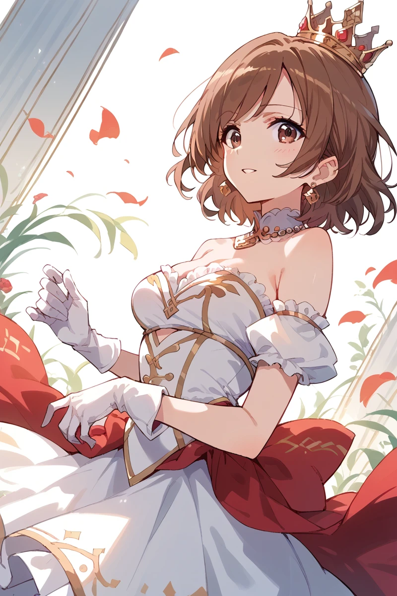 score_9, score_8_up, score_7_up, score_6_up, 1girl,
 <lora:Karen_Aijo:0.9> karen, brown hair,gloves, solo, brown eyes, dress, crown, white gloves, earrings, brown hair, jewelry, short hair, strapless dress, breasts,