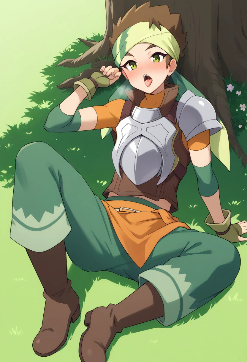 score_9, score_8_up, score_7_up, source_anime, rating_explicit, grass, Mashero, 1boy, male focus, green bandana, brown collared vest, orange turtleneck shirt, breastplate, pauldron, green elbow band, brown gloves, orange cloth-belt, green pants, brown boots, hands with five fingers, open mouth, tongue out, blushing, sitting-laying, on grass, tree roots, rocks, blushing, flowers,