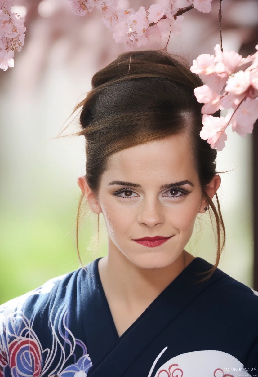 score_9, score_8_up, score_7_up, score_6_up, realistic, face of a woman dressed in a long kimono, bakcground a cherry blossom,emxwatson,