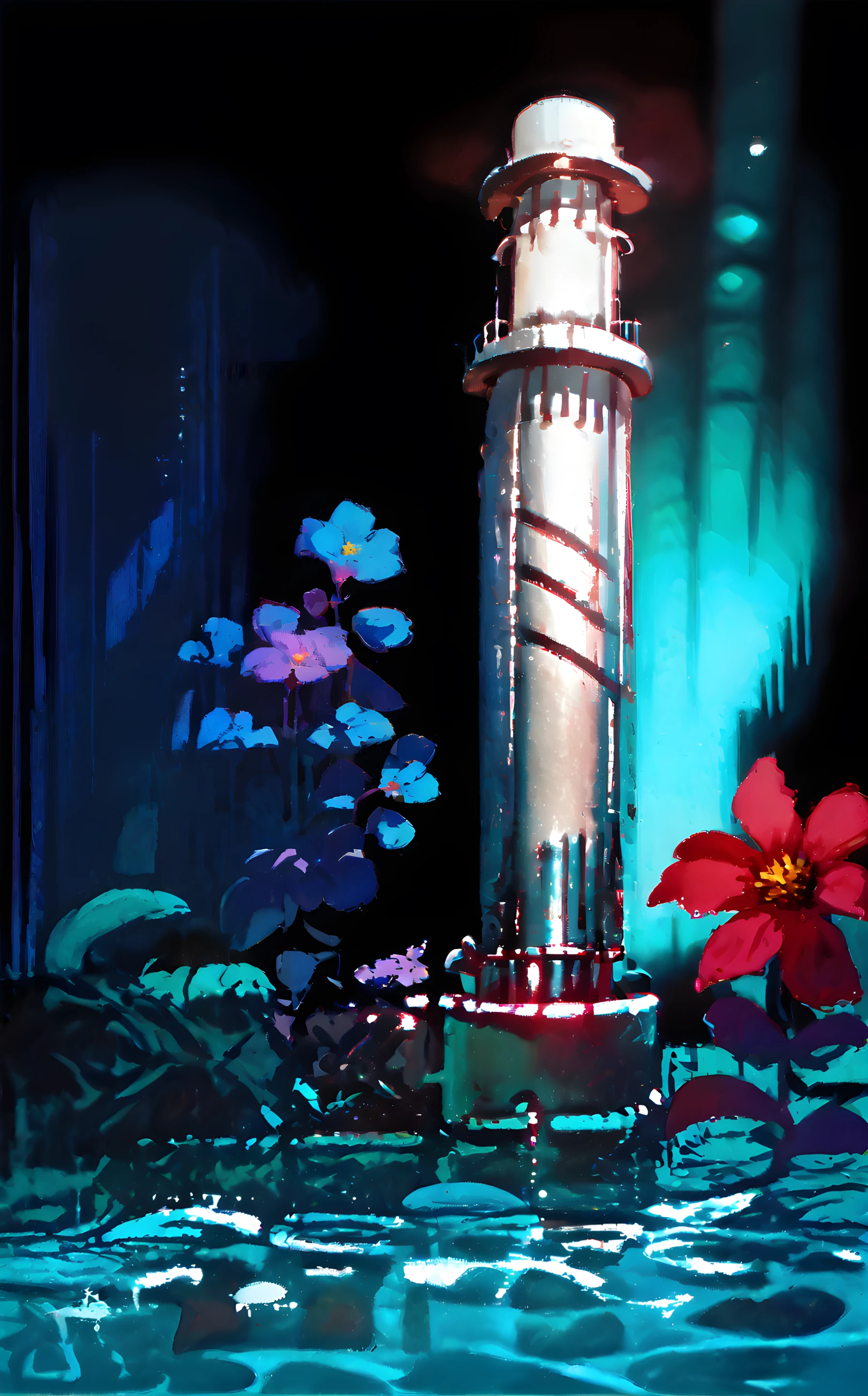 score_9, score_8_up, score_7_up, score_6, profile, black background, still life, lighthouse, water, bokeh, flowers, wet, pipes, rainworldartstyle <lora:Rainworld_paintings_artstyle_sdxl:0.9>