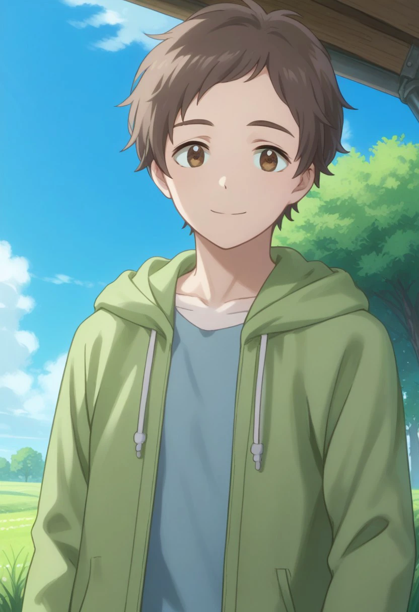 score_9, score_8_up, score_7_up, source_anime, highly detailed, 
yuuta, 1boy, male focus, brown eyes, brown hair, solo, smile, hood, sky, upper body,
cloud, hoodie, outdoors, green hoodie, open hoodie,  blue t-shirt
outdoor, grass, tree,