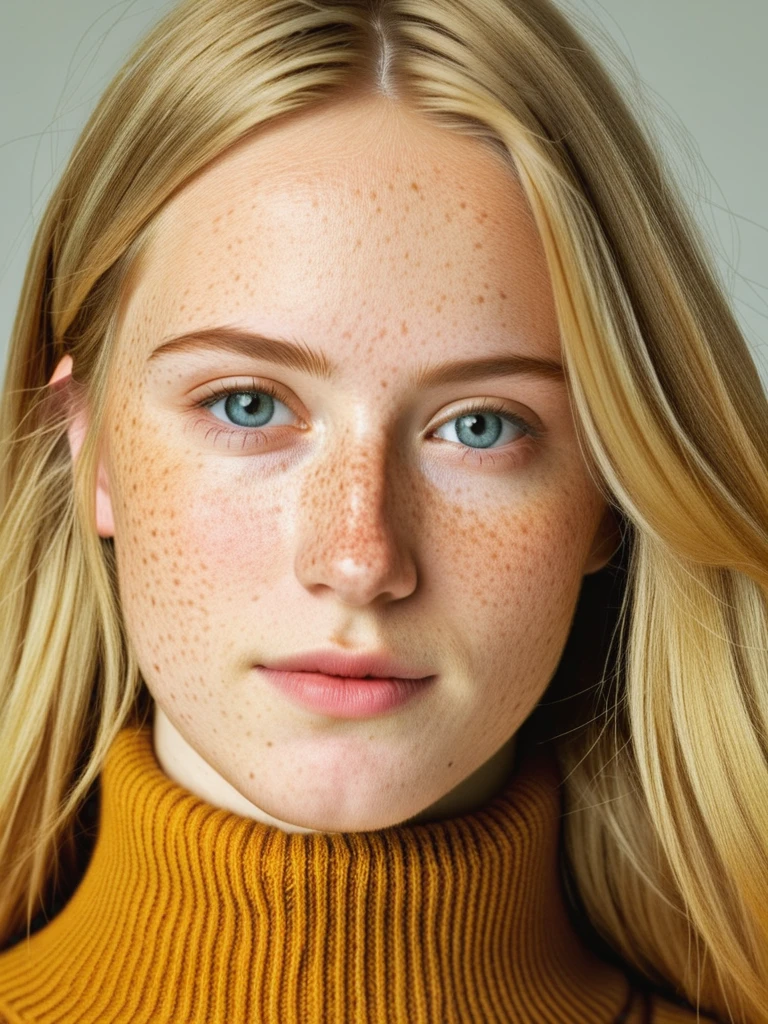 Close-up portrait of a 20 years old Northern European golden hair woman,Rough and square face,freckled,skinny,skinny face,long hair,Natural and confident and expressions,wear turtleneck sweater,