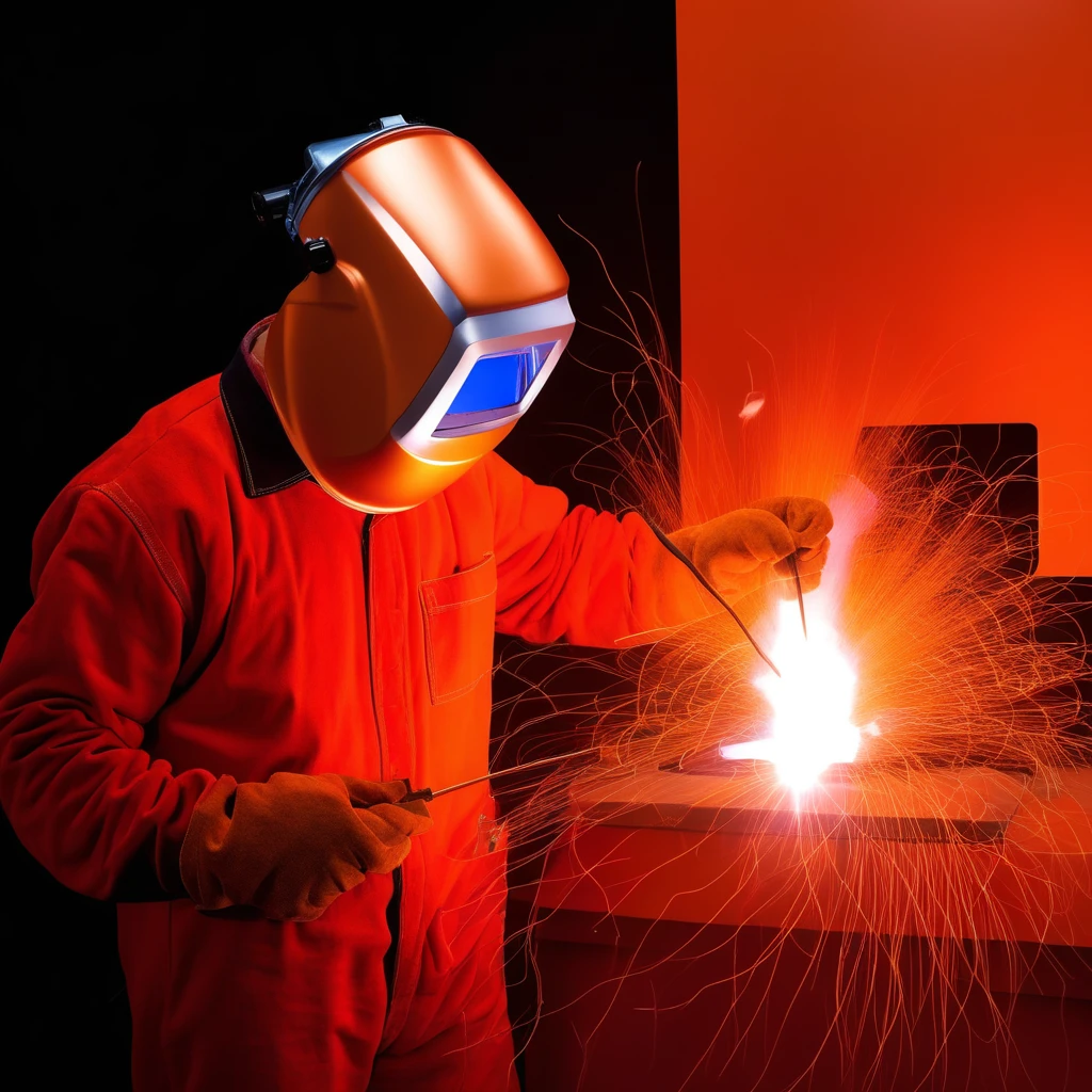 man in an orange welder_mask on his head holds an electrode holder in his raised hand above his head, a bright electric arc burns at the end of the electric gas burner,