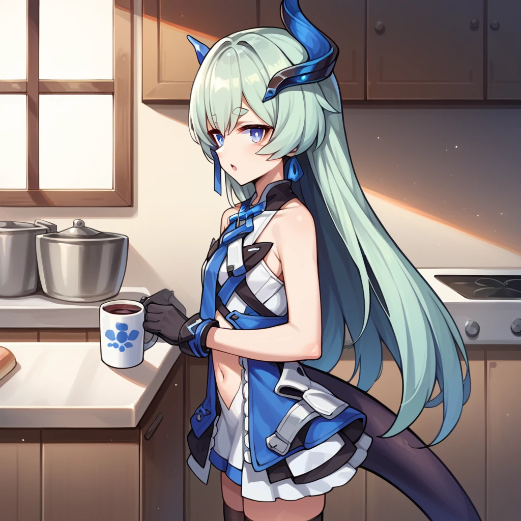 score_9_up, score_8_up, score_7_up, score_6up, source_anime, 1girl, solo, Liliya, Lili_Def, sun light, shadow, leaning on kitchen counter, holding coffee mug, looking at you, from side, open mouth, long hair, tail, blue hair, thick eyebrows, single horn, asymmetrical horns, sleeveless dress, open dress, navel, blue necktie, black thighhighs, blue ribbon, black gloves, dynamic cowboy shot, indoors, kitchen background,