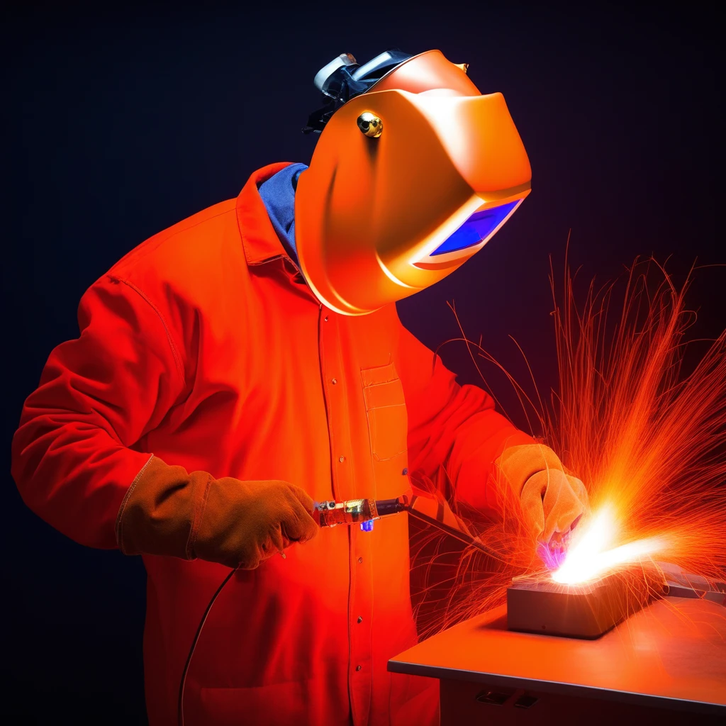 man in an orange welder_mask on his head holds an electrode holder in his raised hand above his head, a bright electric arc burns at the end of the electric gas burner,