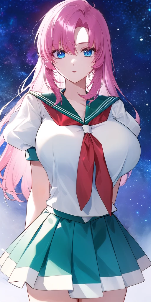 <lora:UtenaV2:0.7> utenatenjou, huge_breasts, standing, solo, arms_behind_back, starry_sky,  white_shirt_puffy_short_sleeves_green_sailor_collar_layered_skirt_green_skirt_white_skirt_pleated_skirt_red_neckerchief, masterpiece, best_quality, detailed_face, detailed_eyes, highres, beautiful, detailed, absurdres,