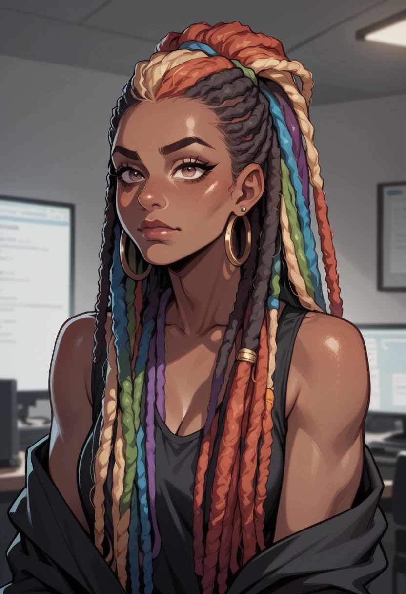score_9, score_8_up, score_7_up, score_6_up, hud_dr3adlocks, 1girl, dark skin, rainbow hair, long hair, dreadlocks, <lora:dr3ads-000008:0.8>,