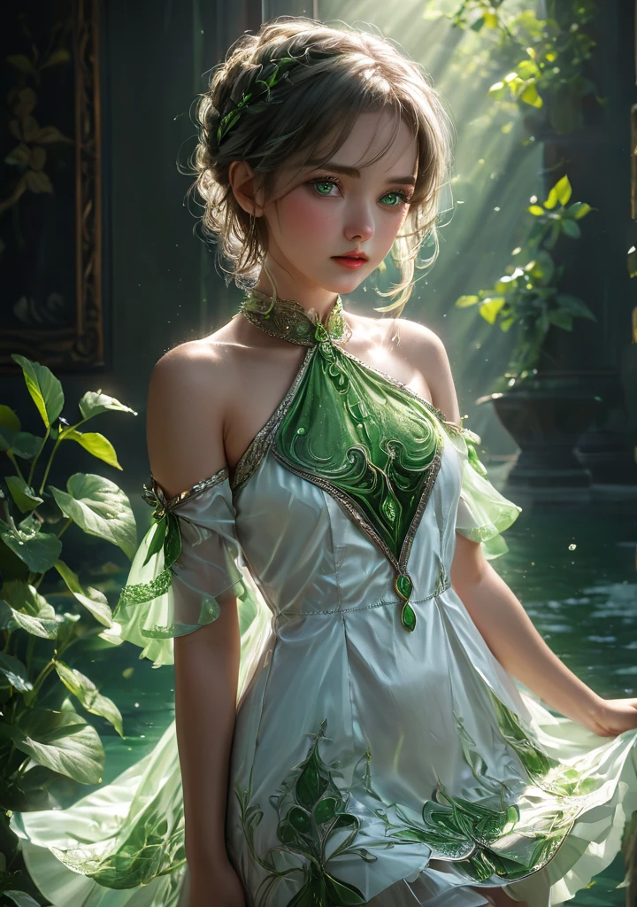 full body photo,dramatic light,fluorescent river,mooon <lora:Nahida-real:0.8>,Nahida,green jewelry ,green eyes,green collar,white and green dress,short dress,
Detailed pattern on the dress,small,upper body,hair between eyes,windy,,detailed face, detailed eyes, detailed lips, beautiful woman, hourglass figure, natural lighting, high quality, hyperrealistic, 8k, cinematic, dramatic lighting, chiaroscuro, neoclassical, oil painting,