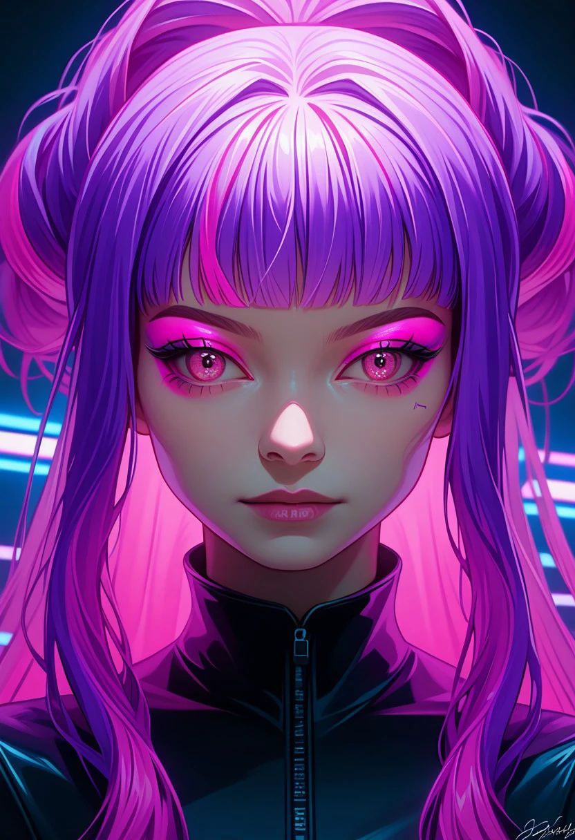 1girl, solo, long hair, looking at viewer, makeup, neon eyeshadow, neon magenta eyes, multicolored hair, pink hair, purple hair, updo, specular highlights, neon theme, neon futurism, dynamic angle, dynamic pose, upper body, portrait, 8k UHD, specular highlights,    ,realistic BREAK  PonyXLV6_Scores