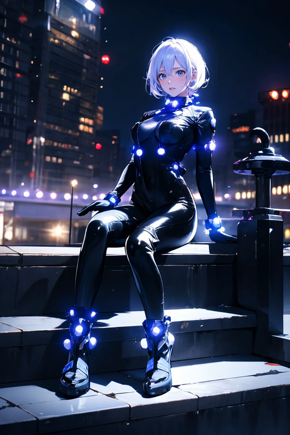 <lora:GoodHands-手beta2:1>,solo,1girl,cityscape,outdoors,full body,<lora:0411 gantz_v1:1>,ruanyi0411,bodysuit,glowing,gloves,sitting on stairs,night,, best quality,masterpiece,highres,official art,extremely detailed cg unity 8k wallpaper