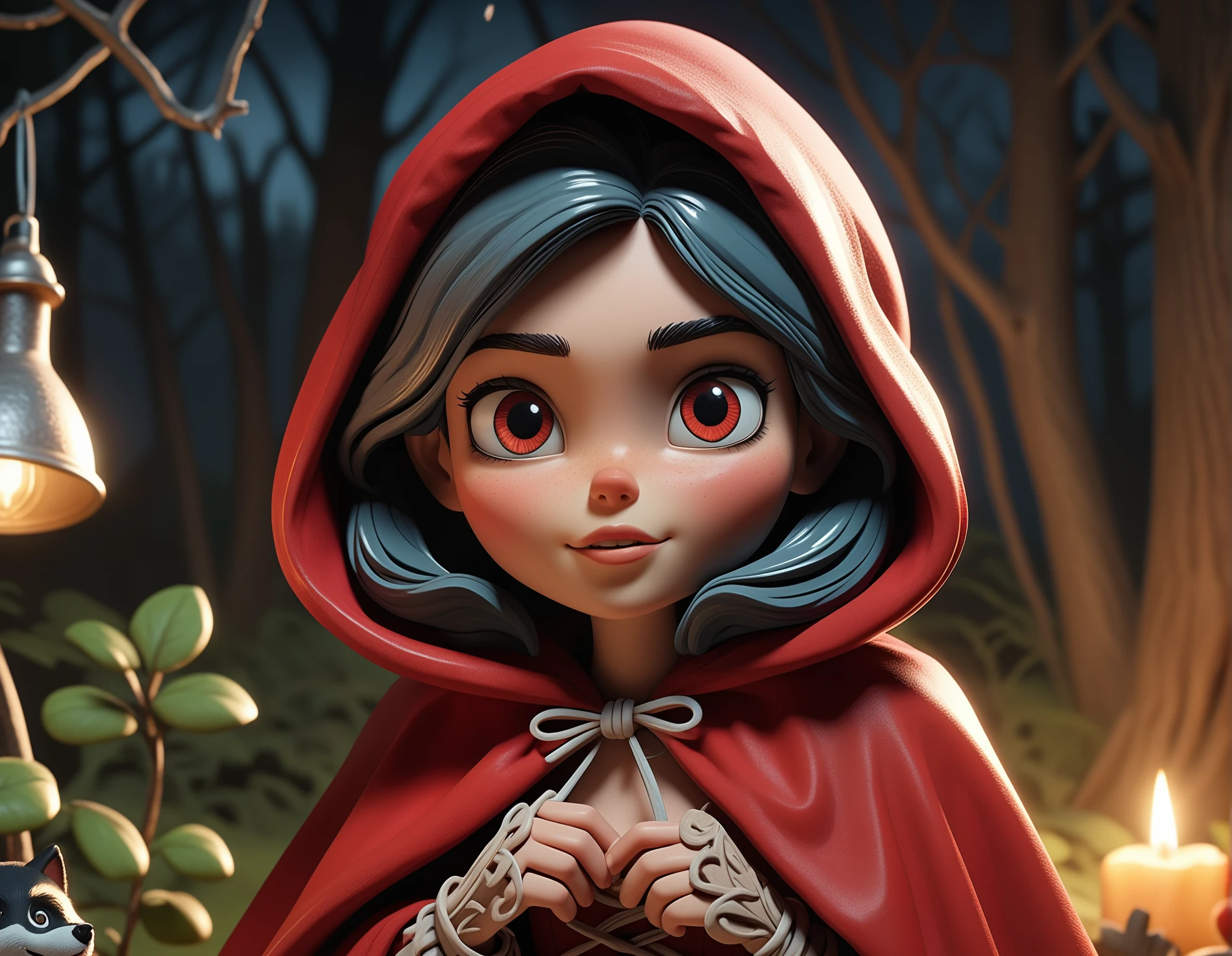 Aardman claymation style, Red Riding Hood, natural dark lighting, best quality, close up shot