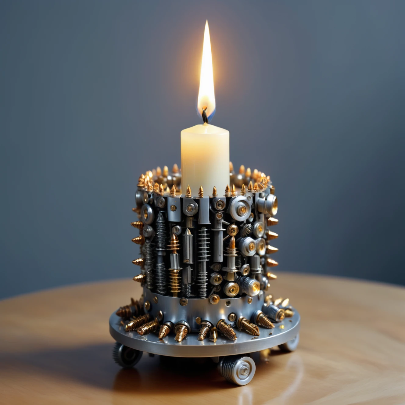 a candle made out of Jed-Screws, photorealistic, full of details, detailed screws,   <lora:SteelScrewsStyle-000006:0.7>