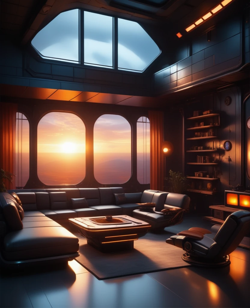 a  reij-ebsu living room, sunrise shines, retro sci fi steampunk <lora:ebony sunset-000001:1>