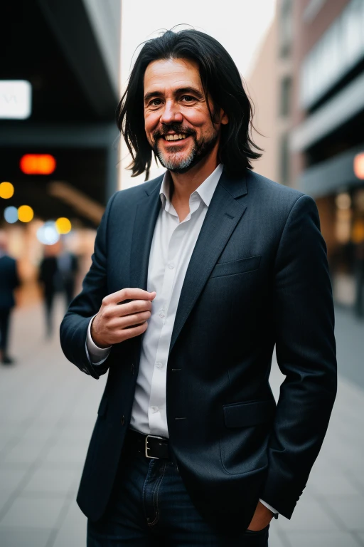 man , weraing black suit, blue jeans , laughing, looking at the viewers,black hair, face portrait, jim_carrey, RAW photo, subject, 8k uhd, dslr, soft lighting, high quality, film grain, Fujifilm XT3
