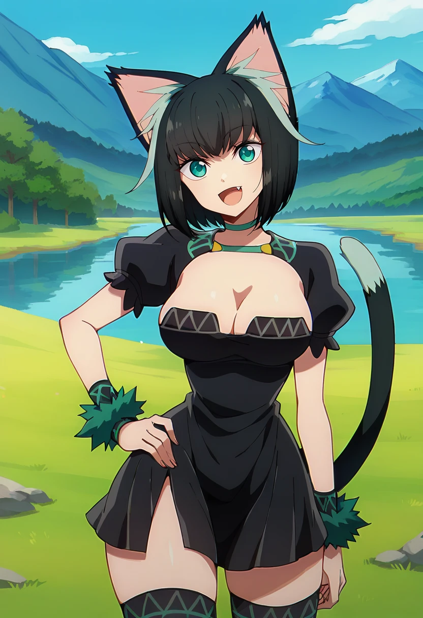 score_9, score_8_up,
<lora:IsekaiShikkaku_TamaXL:0.9>, TamaIS,
1girl, solo, open mouth, light smile, fang,
bob cut, streaked hair, black hair, aqua hair, aqua eyes, cat ears, cat tail,
black dress, cleavage cutout, puffy short sleeves, green collar, wrist cuffs, fur trim, black thighhighs,
standing, looking at viewer, cowboy shot, hand on own hip,
outdoors, scenery, forest, grass, mountains, lake