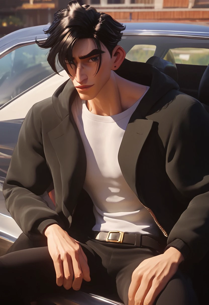 1boy, solo, male focus, toned male, black hair, messy hair, spiky hair, messy hair, satisfaction, satisfied, closed, mouth, neutral, 
jacket, white shirt, black pants, belt
in a car, intense shadow, intimidating, chest close to viewer, dark light, no light, shadow, sitting in a car, sponsored costume, looking at viewer, smile
rating PG, score_9,score_8_up,score_7_up, source_anime, male focus, Muscular,
big thigh, big thigh, big chest, hung, manly, tall, detailed eyebrow, sharp eyebrows, focus on thigh, hairy thigh, thigh focus, random view