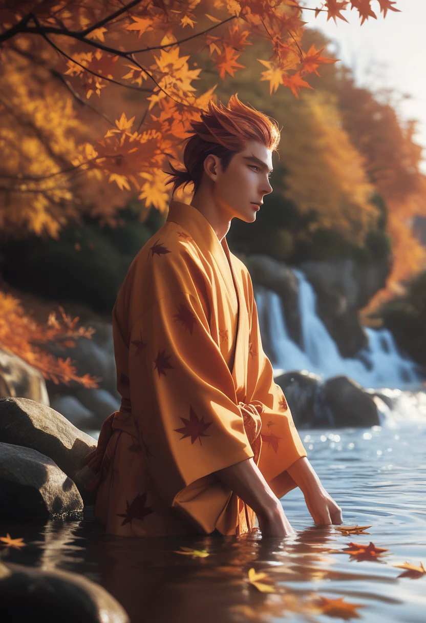 score_9, score_8_up, score_7_up, source_anime, rating_safe, autumn leaves, Gineath, 1boy, male focus, orange yukata, Japanese male clothing, realistic lighting, water, autumn theme,