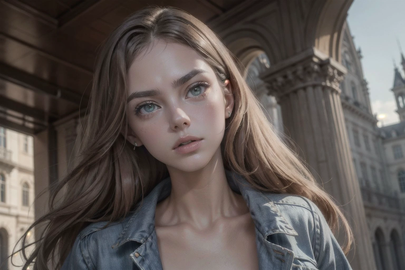 1girl, KateD, wears a blue jeans jacket, white shirt, close up, bright photo, cute girl, ((green eyes)),long hair, facing the camera, highly detailed, epic, straight hair, gorgeous, film, Ultra High Resolution, wallpaper, 8K,Rich texture details, hyper detailed, detailed eyes, detailed background, dramatic angle, epic composition, dynamic lighting, award winning photo, long hair,
<lora:add_detail:0.5> <lora:polyhedron_all_eyes:0.2>