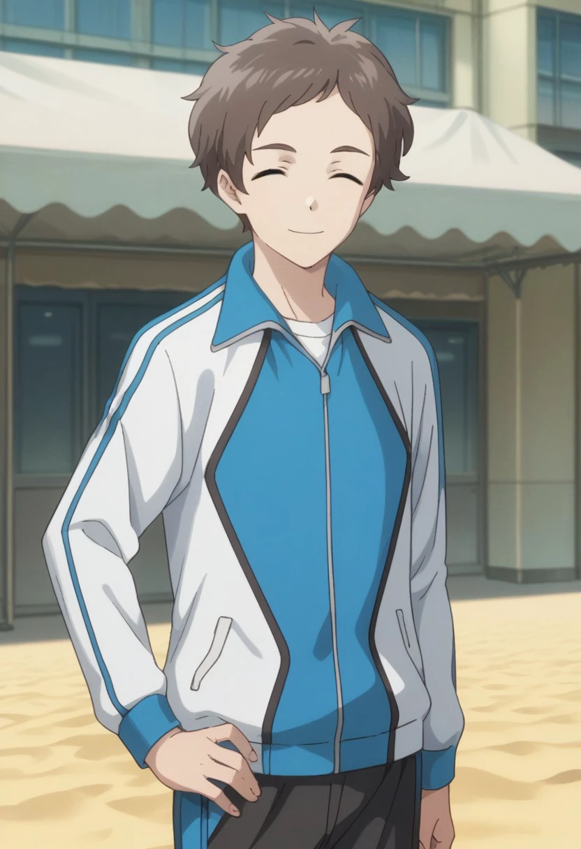 score_9, score_8_up, score_7_up, source_anime, highly detailed, 
1boy, male focus, solo, jacket, pants, brown hair, closed eyes, smile, track jacket, long sleeves, hand on hip, black pants, closed mouth, looking at viewer, short hair, blue jacket, white jacket
outdoor,