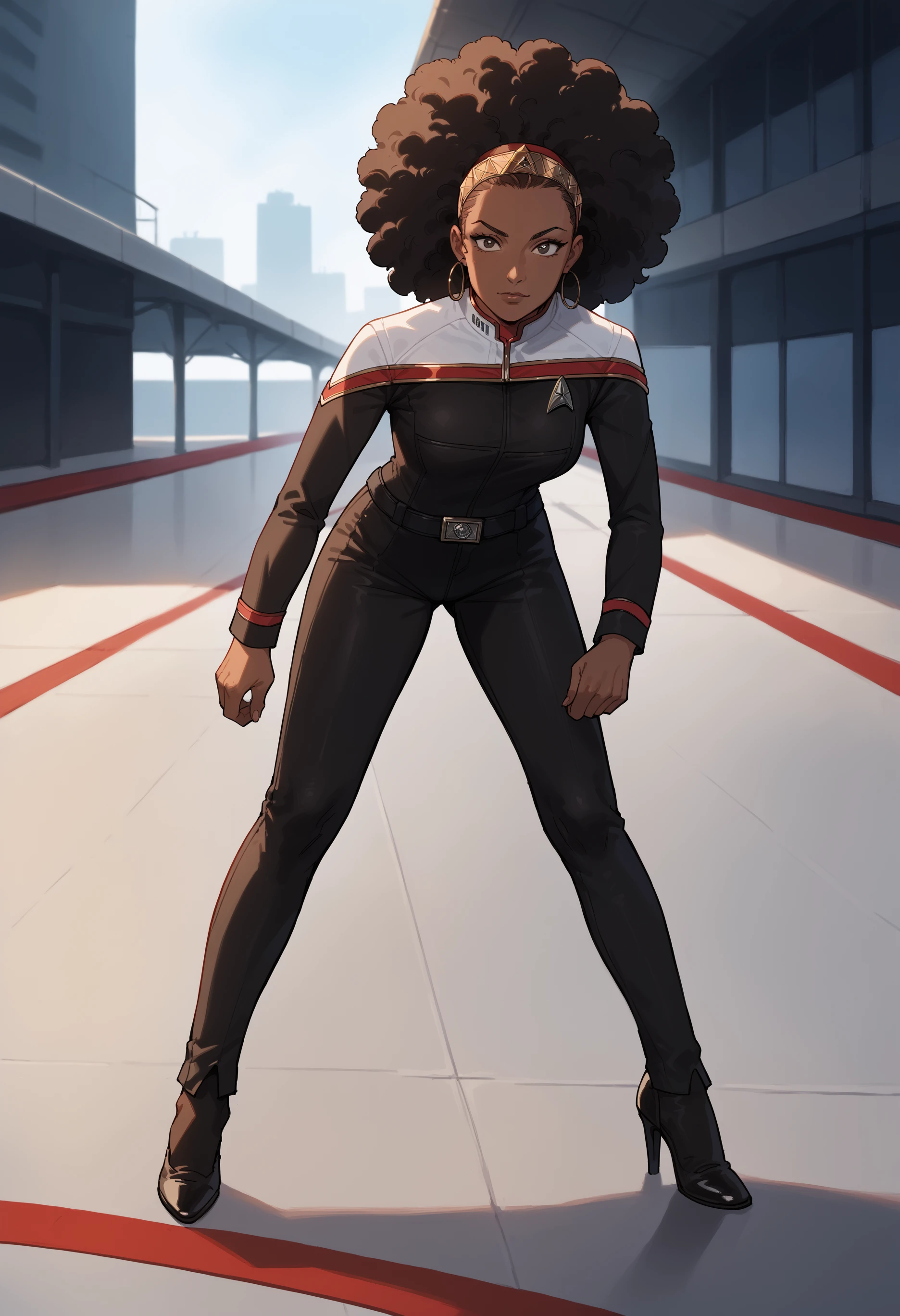 core_9, score_8_up, score_7_up, score_6_up, 1girl,dark skin,african,on a  runway,posing,stuning,afro,high heels,
toddunf,star trek uniform,black jumpsuit,white shoulders
,<lora:STOdysPony>