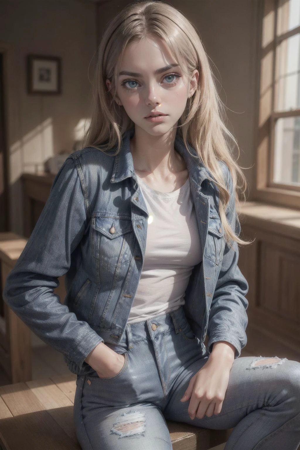 1girl, KateD, wears a (((blue jeans jacket, white t-shirt))), close up, bright photo, cute girl, ((green eyes)),long hair, facing the camera, highly detailed, epic, straight hair, gorgeous, film, Ultra High Resolution, wallpaper, 8K,Rich texture details, hyper detailed, detailed eyes, detailed background, dramatic angle, epic composition, dynamic lighting, award winning photo, long hair,
<lora:add_detail:0.5> <lora:polyhedron_all_eyes:0.2>