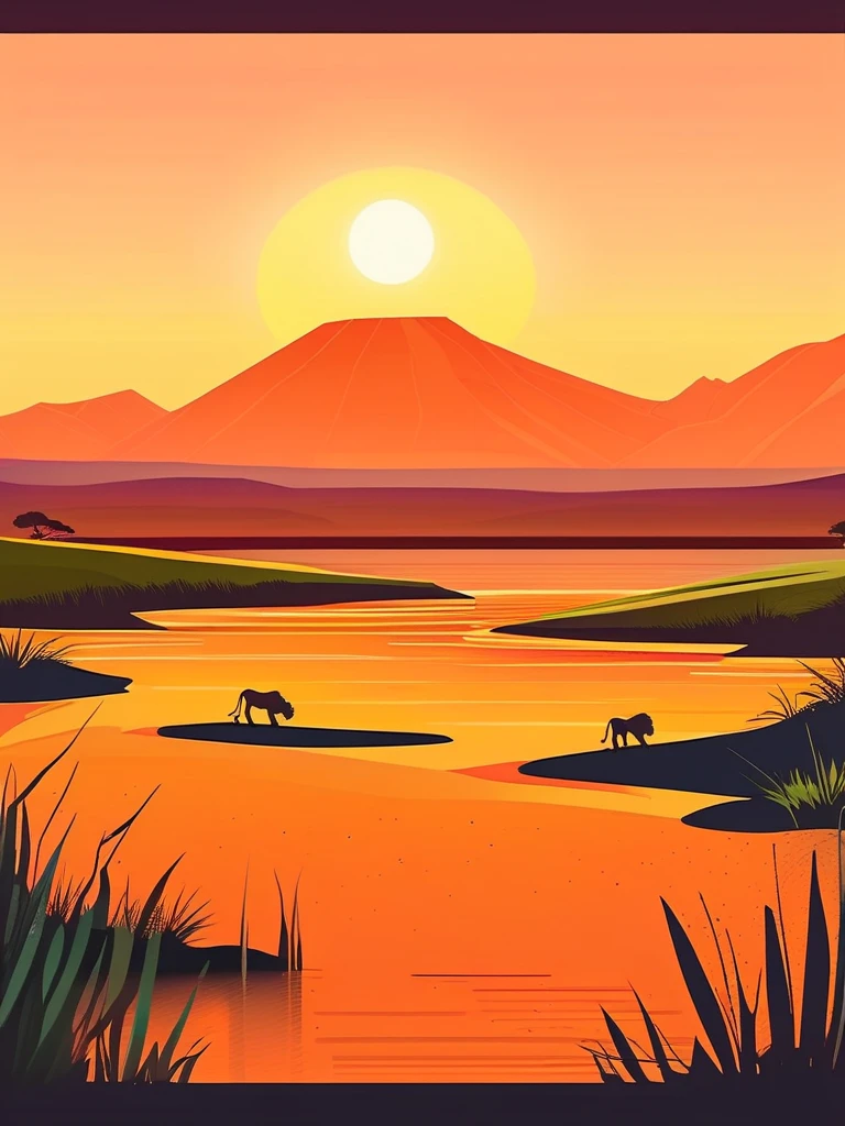 detailed landscape, orange theme, savannah, flat landscape, accacias, lion silhouette, backlit, sunset, grass, shaded, two mountains far away, sun between mountains, small water source , vector style, flat, masterpiece, best quality, very aesthetic, absurdres,