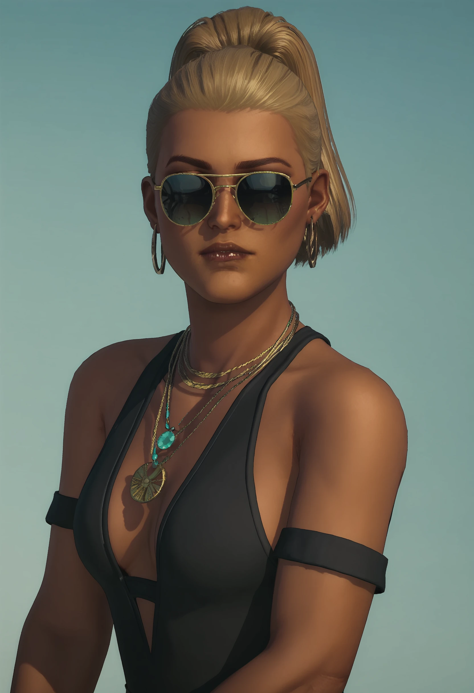 score_9, score_8_up, score_7_up, score_6_up, score_5_up, score_4_up, 1girl, <lora:LjudmilaVetrova:0.85> solo, large breasts, dark-skinned female, dark skin, blonde hair, ponytail, lips, sunglasses, earrings, hoop earrings, swimsuit, one-piece swimsuit, black one-piece swimsuit, armlet, necklace, upper body, 
(light blue background), 3d, render,