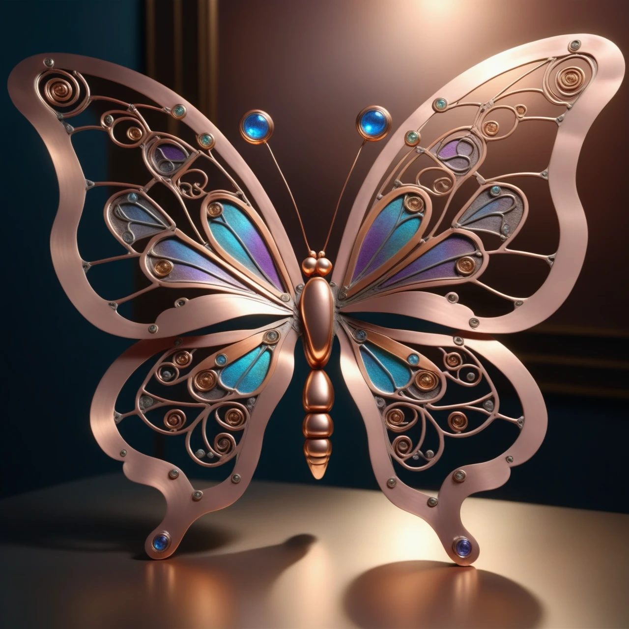 a butterfly made out of Jed-ANC, masterpiece, full of details, ambient light, sharp and in focus,  <lora:ArtNouveauCopperStyle:0.7>